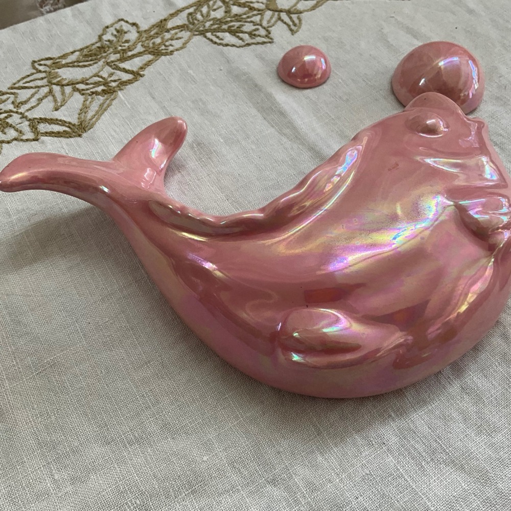 Vintage Pink Iridescent Ceramic Fish Wall Hanging Set 6pc Lusterware Bubbles MCM - Picture 4 of 9